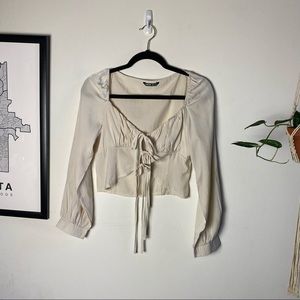 SHEIN Women's Cream Sweatheart Neck Tie Front Ruffle Long Sleeve Crop Top Blouse